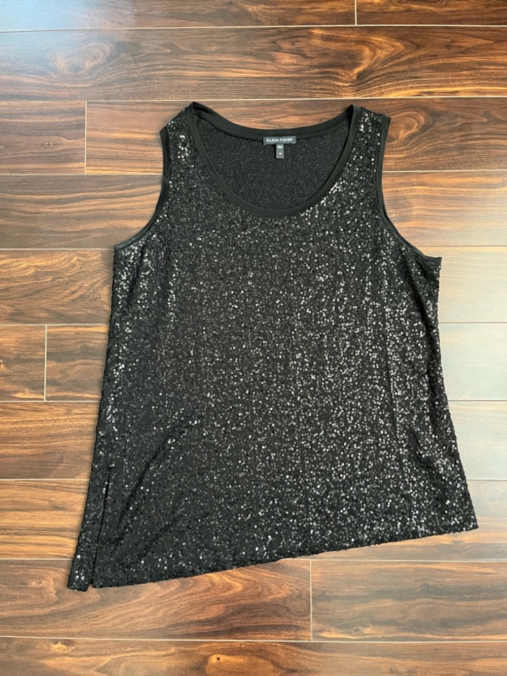 Eileen Fisher Black Sequin Scoop Neck Silk Tank, M, EUC